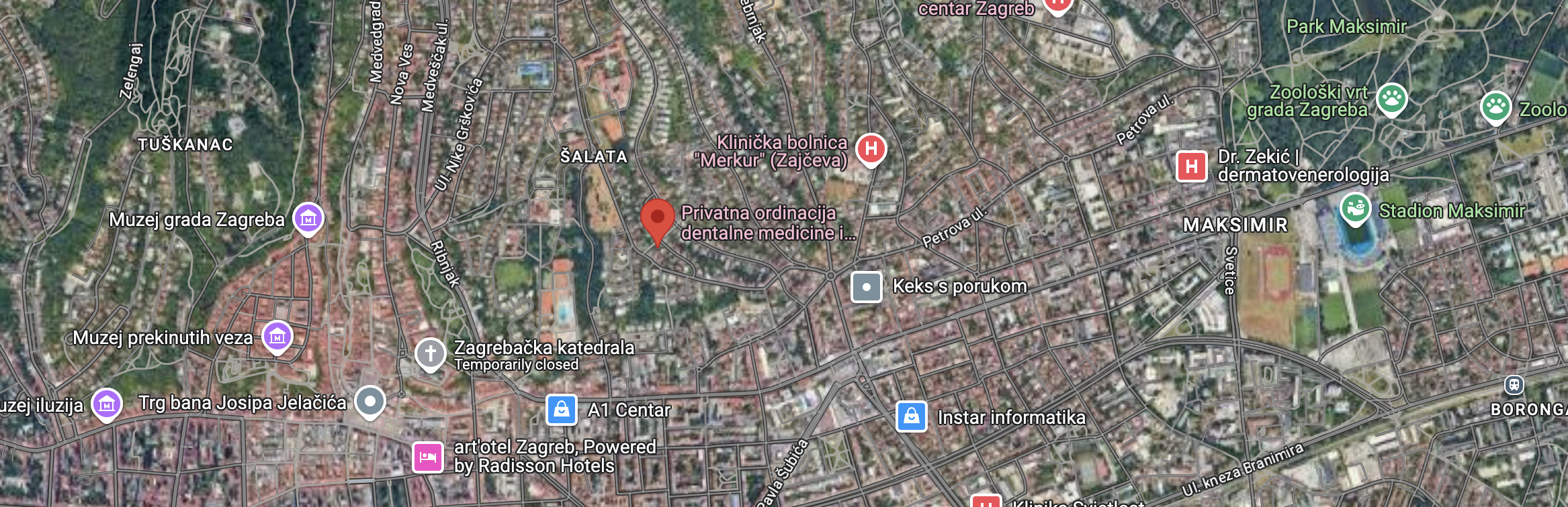 puno kuća i lokacija na jednoj mapi. lokacija F dental & esthetic.